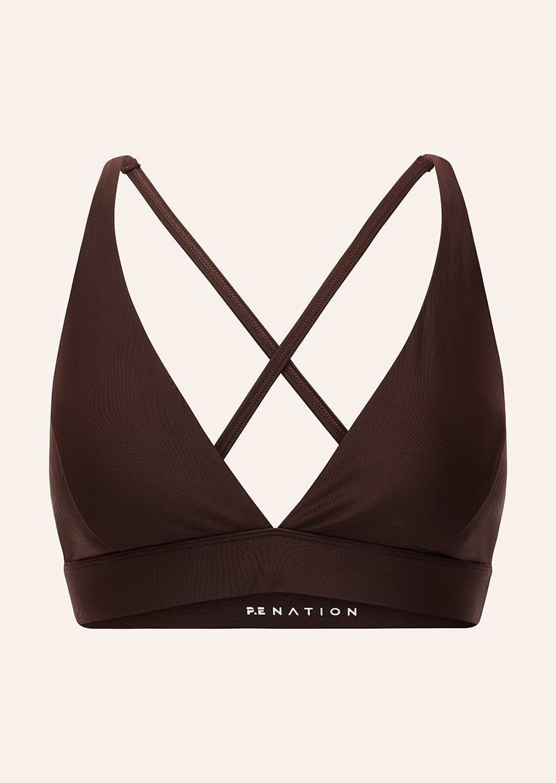 LUMEN SPORTS BRA IN MAHOGANY SHINE BY P.E NATION, WOMEN'S ATHLEISURE WOMEN'S SPORTS BRAS