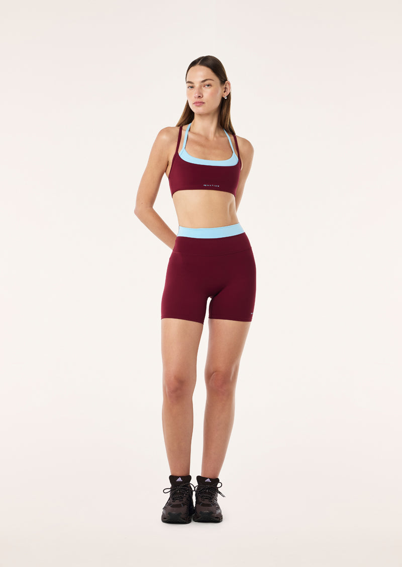 LUMINA 5" BIKE SHORT IN BURGUNDY & SKY BLUE