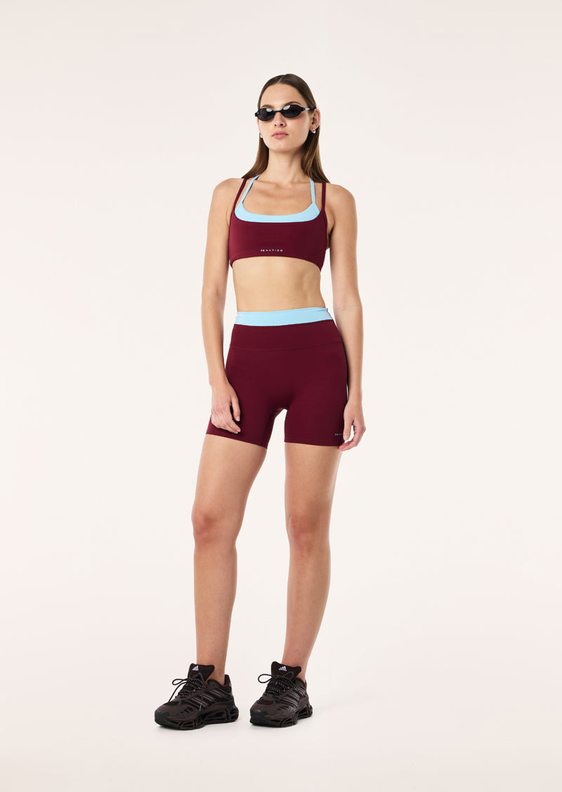 LUMINA 5" BIKE SHORT IN BURGUNDY & SKY BLUE