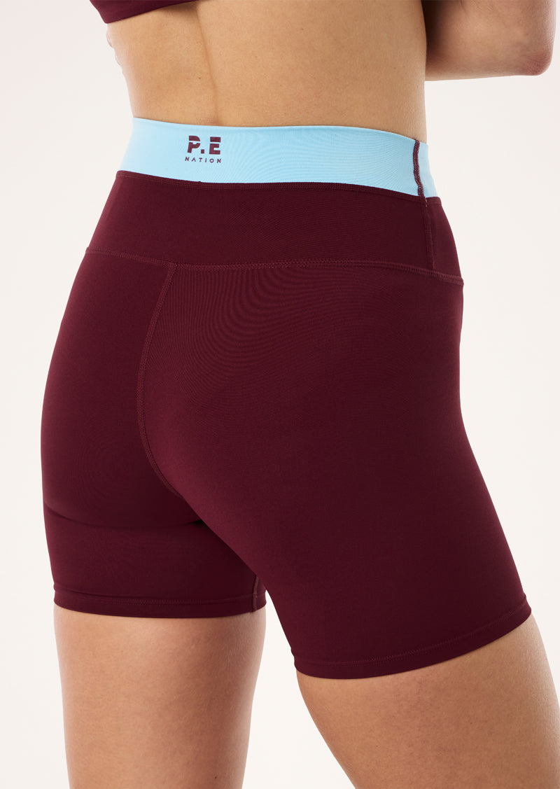 LUMINA 5" BIKE SHORT IN BURGUNDY & SKY BLUE