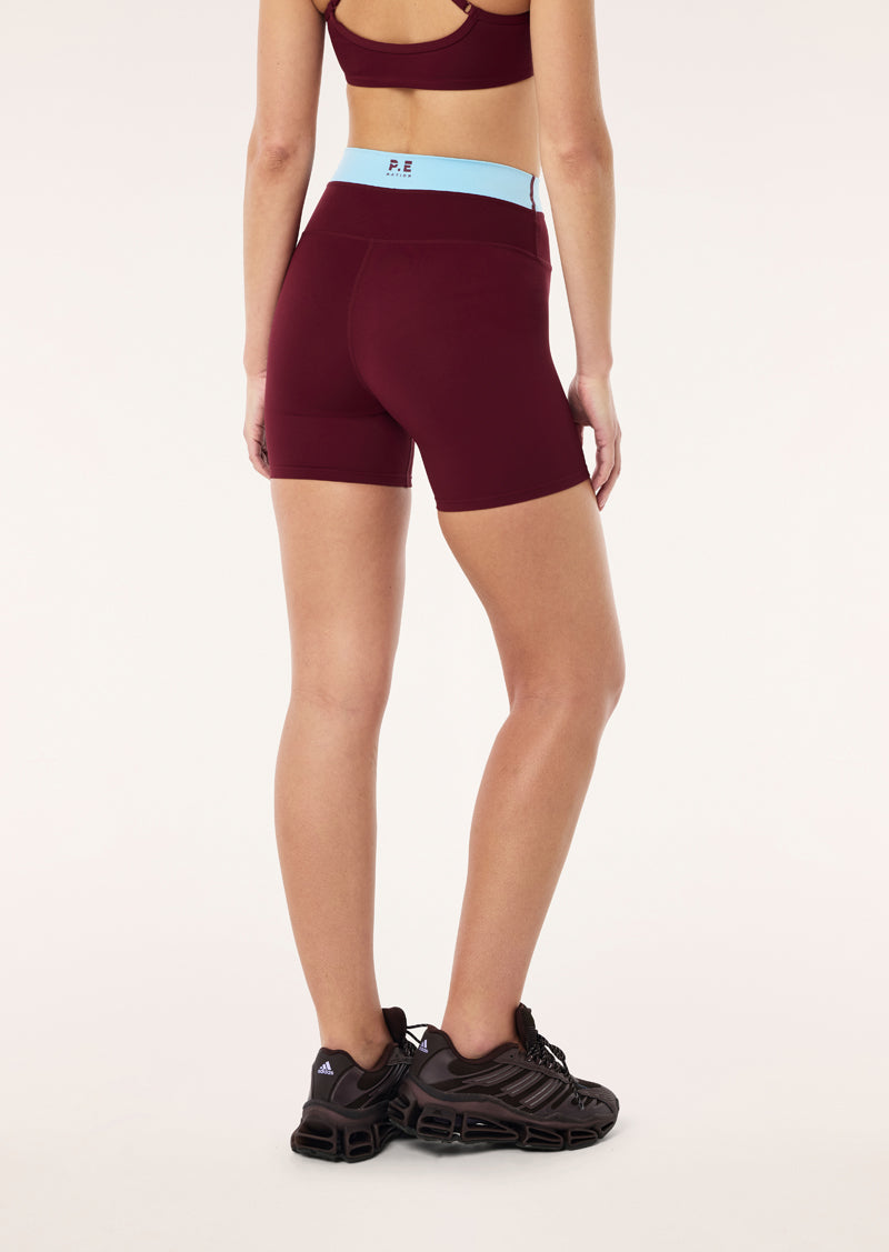 LUMINA 5" BIKE SHORT IN BURGUNDY & SKY BLUE