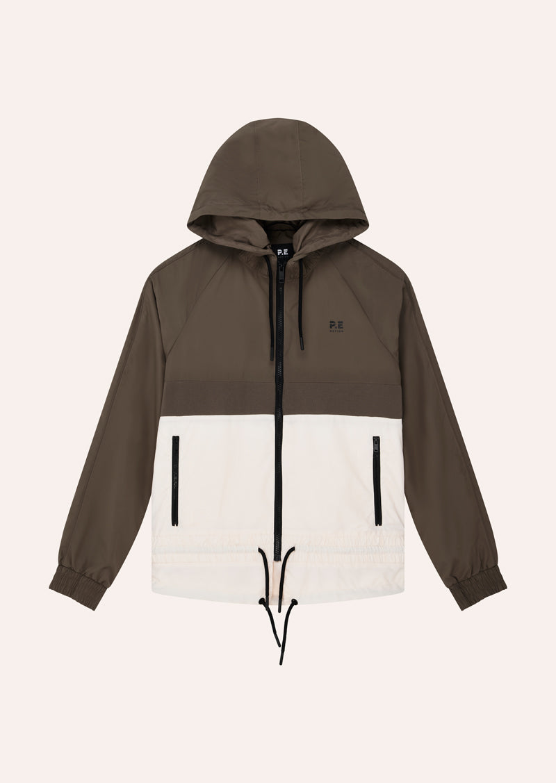 MAN DOWN JACKET IN WALNUT BY P.E NATION, WOMENS ATHLEISURE SPRAY JACKET BROWN