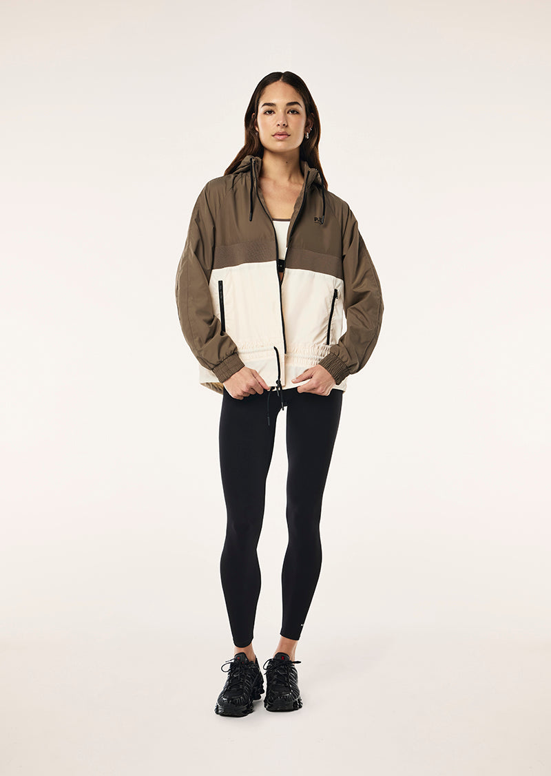 MAN DOWN JACKET IN WALNUT BY P.E NATION, WOMENS ATHLEISURE SPRAY JACKET BROWN