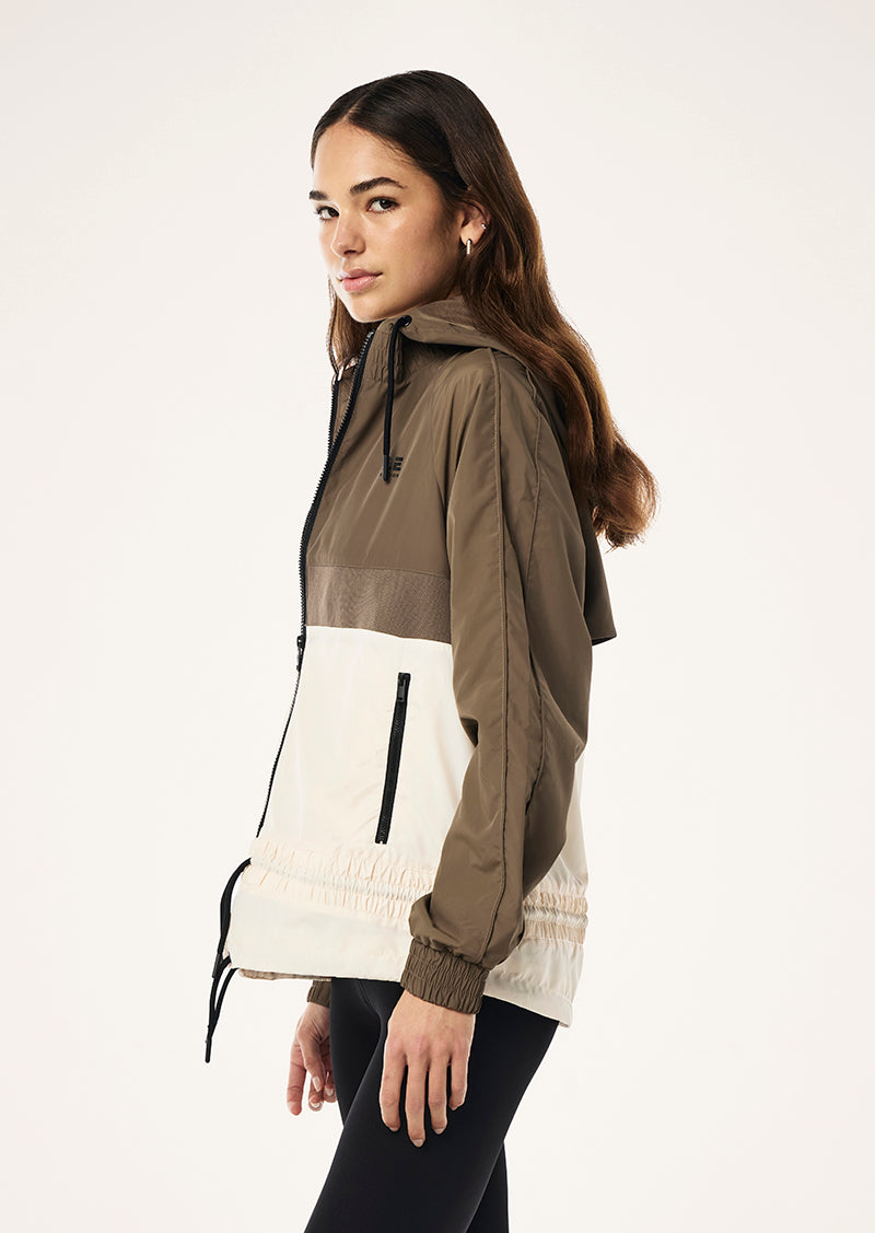 MAN DOWN JACKET IN WALNUT BY P.E NATION, WOMENS ATHLEISURE SPRAY JACKET BROWN