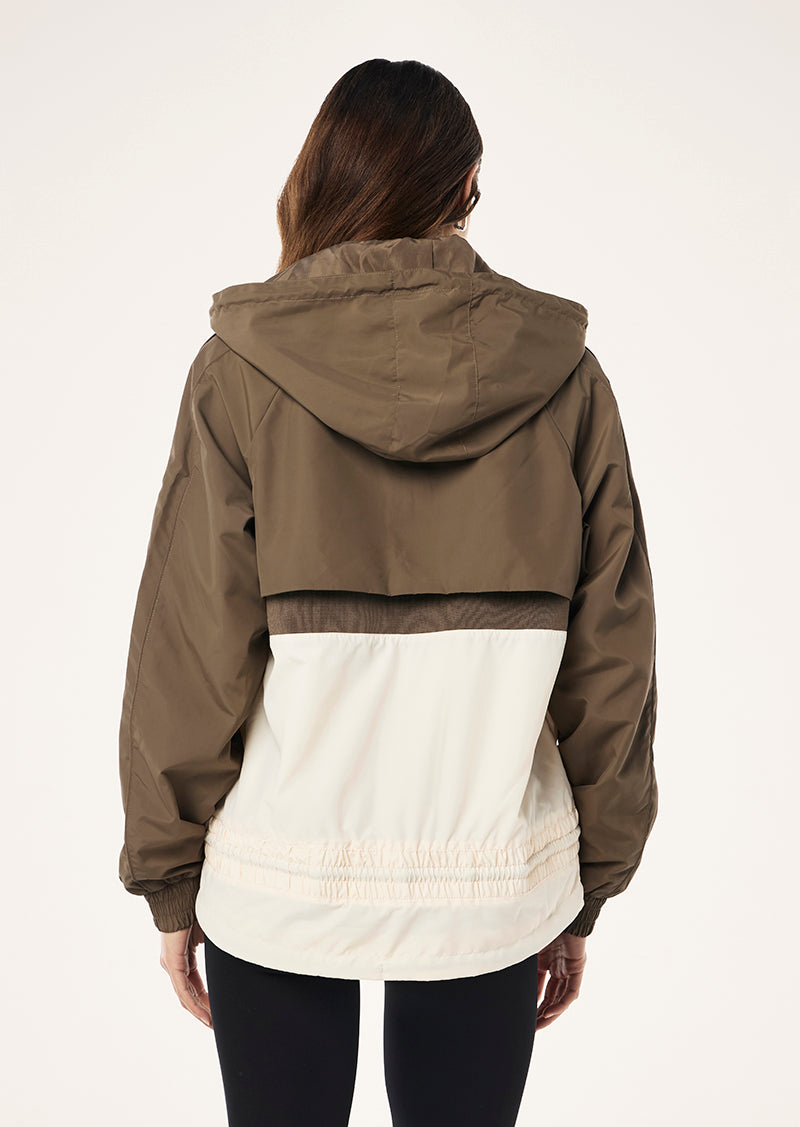 MAN DOWN JACKET IN WALNUT BY P.E NATION, WOMENS ATHLEISURE SPRAY JACKET BROWN