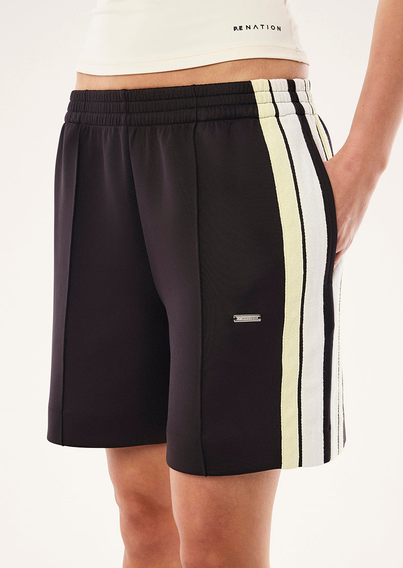 MAN DOWN TRACK SHORT IN BLACK BEAN BY P.E NATION, WOMEN'S ATHLEISURE SHORTS