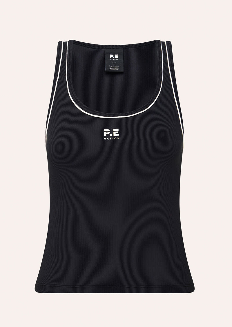 NEXUS RIB TANK IN BLACK BY P.E NATION, WOMENS ATHLEISURE ACTIVE TANK TOP BLACK
