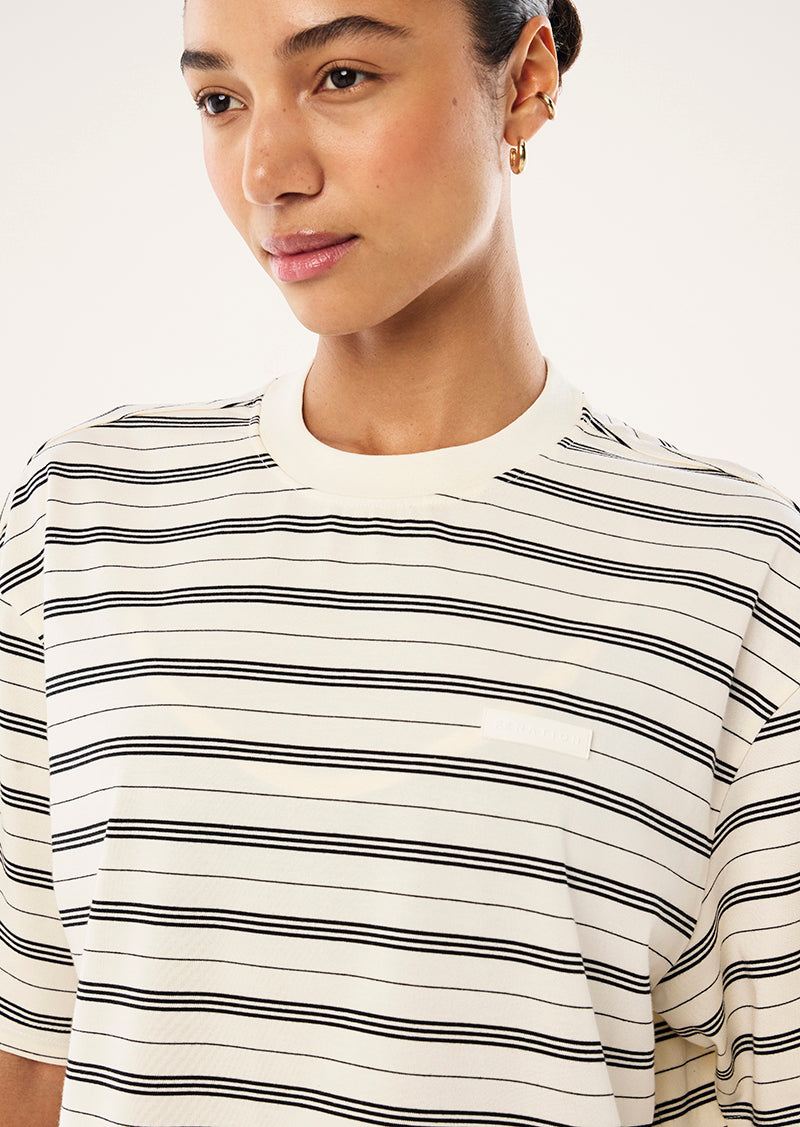 OVERSIZED SPRAK TEE IN WHISPER WHITE STRIPE BY P.E NATION, WOMEN'S ATHLEISURE OVERSIED STRIPE TEE