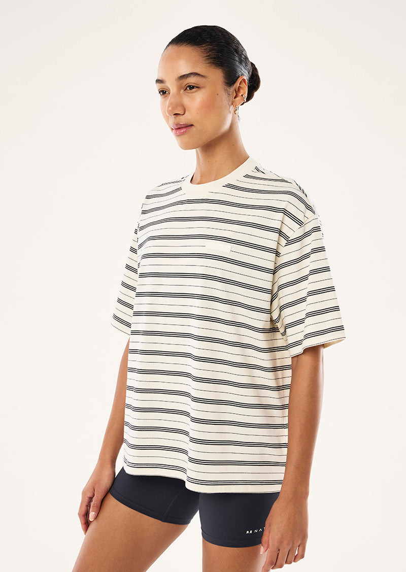 OVERSIZED SPRAK TEE IN WHISPER WHITE STRIPE BY P.E NATION, WOMEN'S ATHLEISURE OVERSIED STRIPE TEE