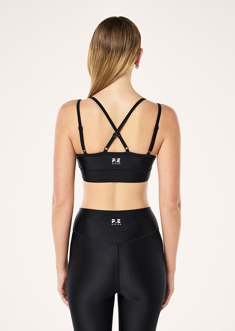 PARAMOUNT SPORTS BRA IN BLACK SHINE BY P.E NATION, WOMEN'S ATHLEISURE SPORTS BRA