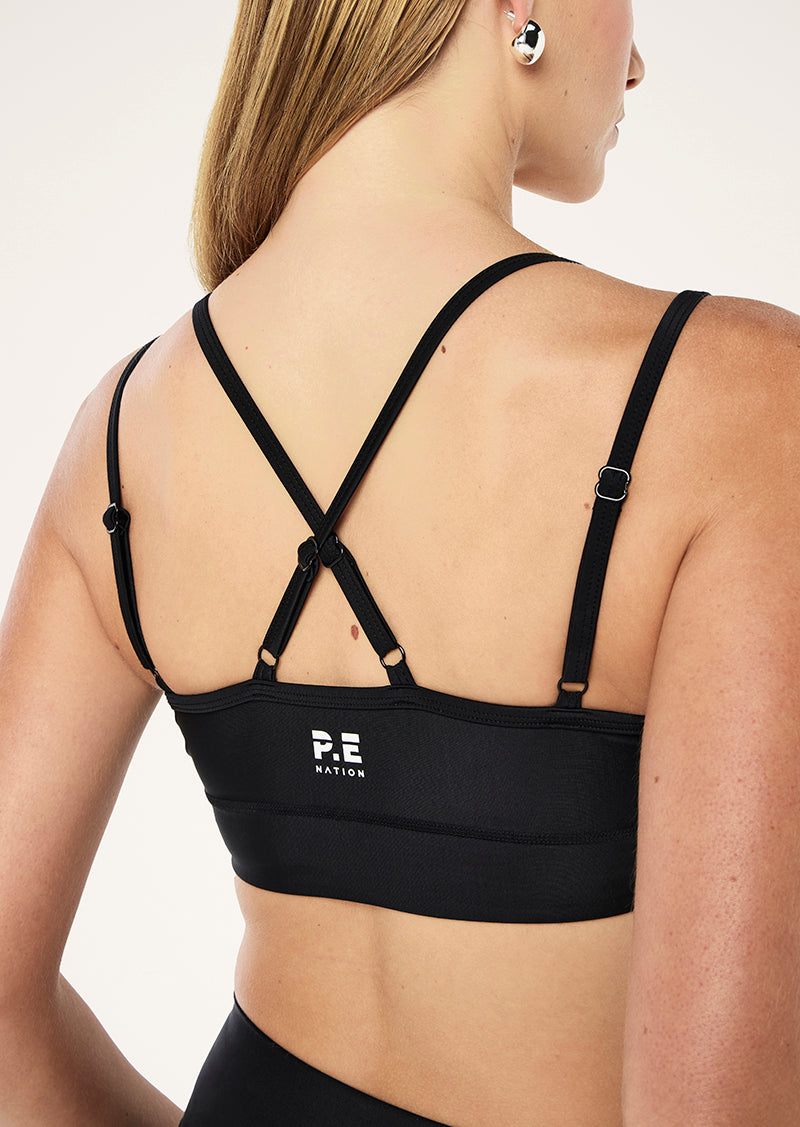 PARAMOUNT SPORTS BRA IN BLACK SHINE BY P.E NATION, WOMEN'S ATHLEISURE SPORTS BRA