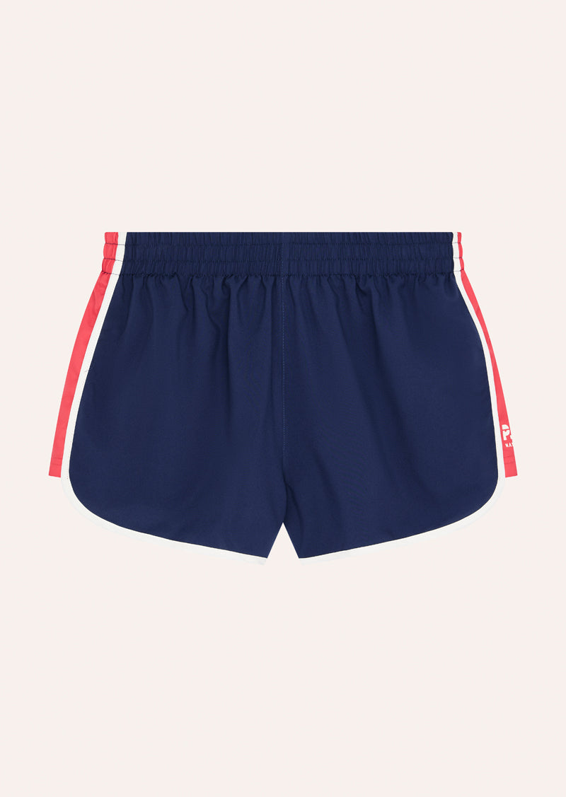 PRESET SHORT IN DARK NAVY AND STRAWBERRY BY P.E NATION, WOMEN'S ATHLEISURE RUNNING SHORTS