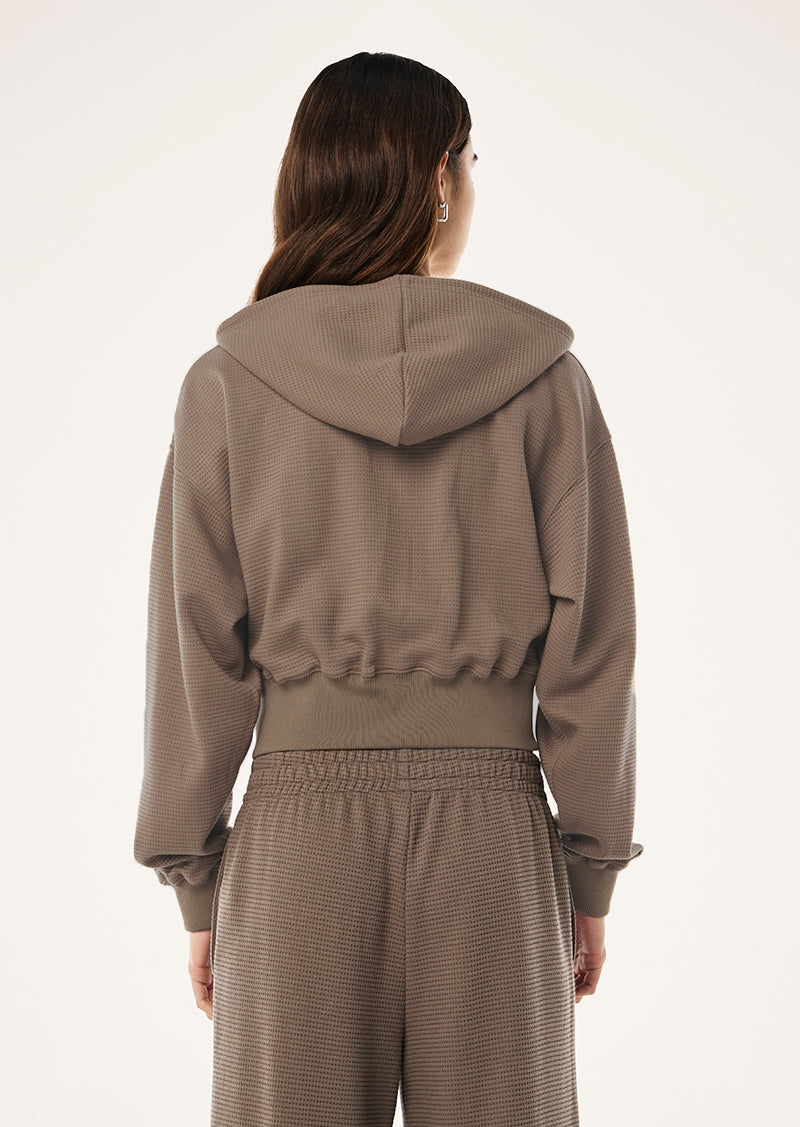 PRINTEMPS ZIP THROUGH IN WALNUT BY P.E NATION, WOMENS ATHLEISURE LOUNGEWEAR WAFFLE HOODIE BROWN