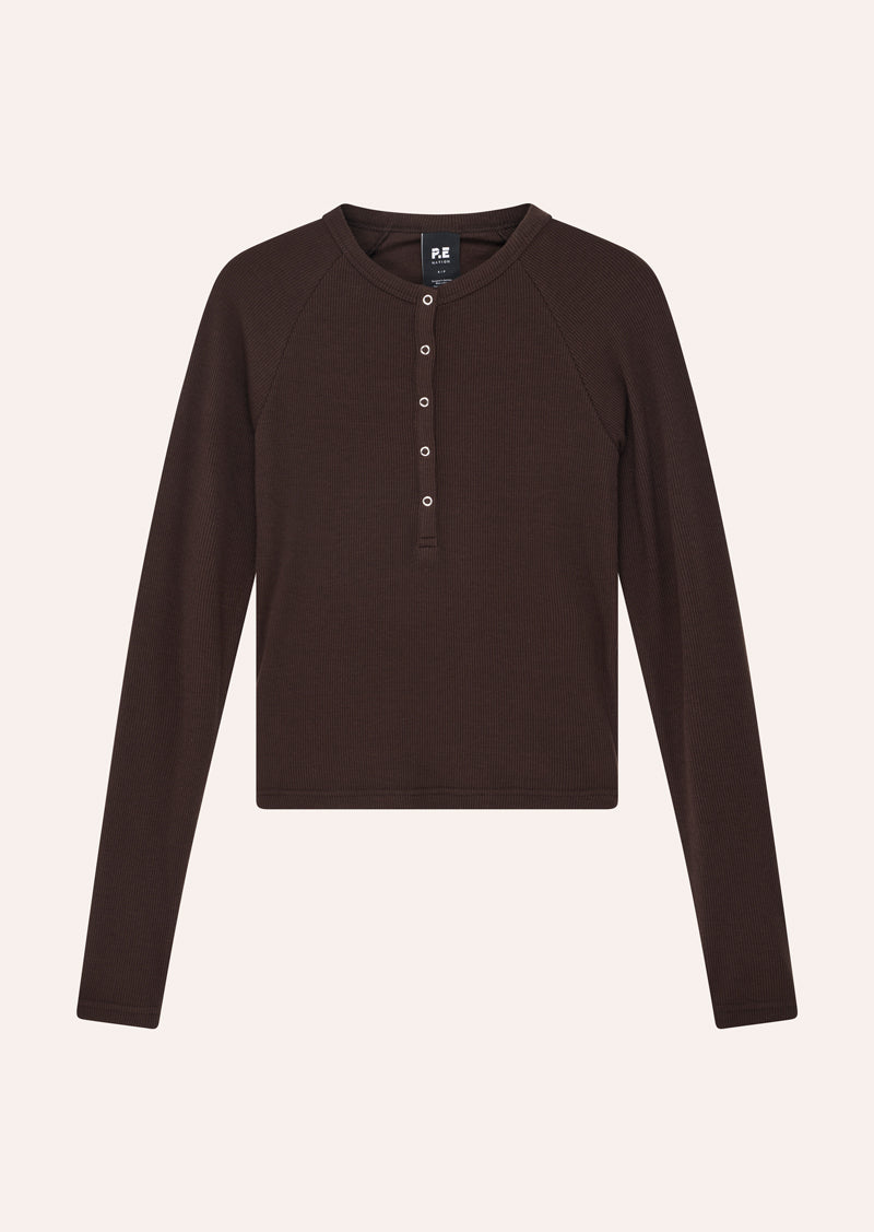 PRIVE RIB LONG SLEEVE TEE IN ESPRESSO BY P.E NATION, WOMENS ATHLEISURE LONG SLEEVE TOP KNIT LOUNGEWEAR BROWN
