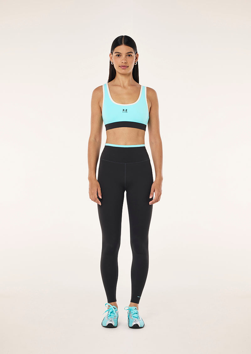 PURSUIT SPORTS BRA IN AQUA BY P.E NATION, WOMEN'S ATHLEISURE SPORTS BRAS