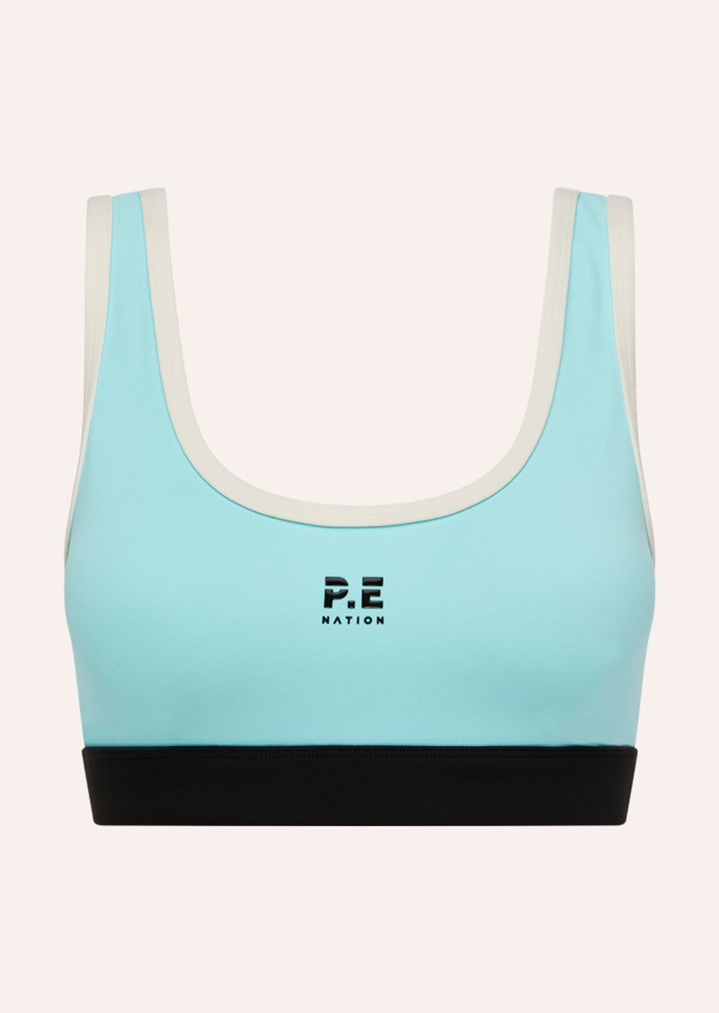 PURSUIT SPORTS BRA IN AQUA BY P.E NATION, WOMEN'S ATHLEISURE SPORTS BRAS