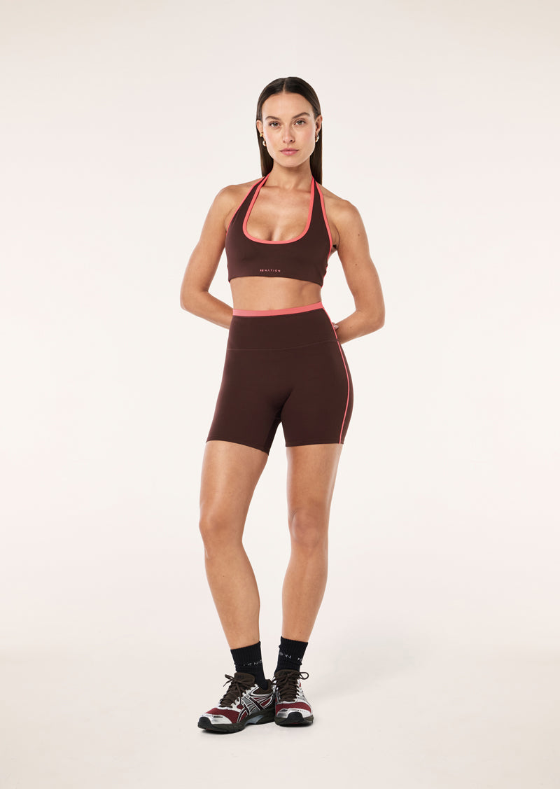 RADAR HALTER SPORTS BRA IN MAHOGANY & DIVA PINK