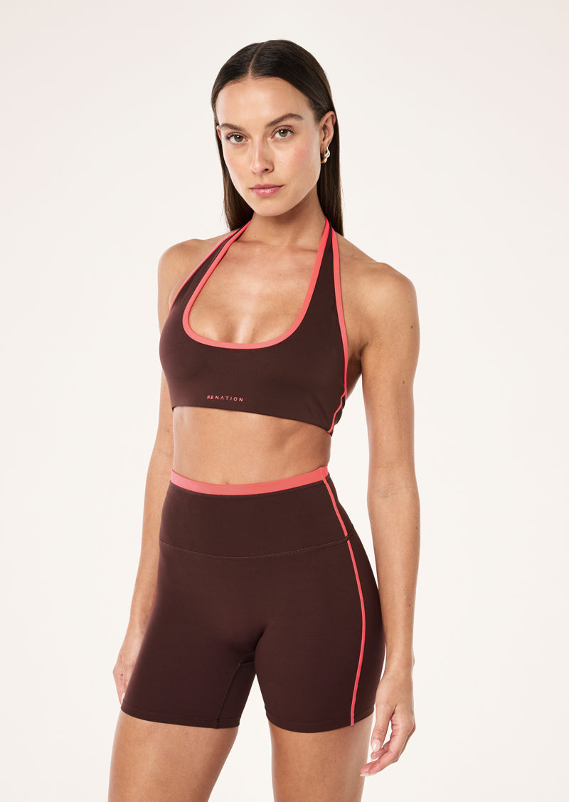 RADAR HALTER SPORTS BRA IN MAHOGANY & DIVA PINK