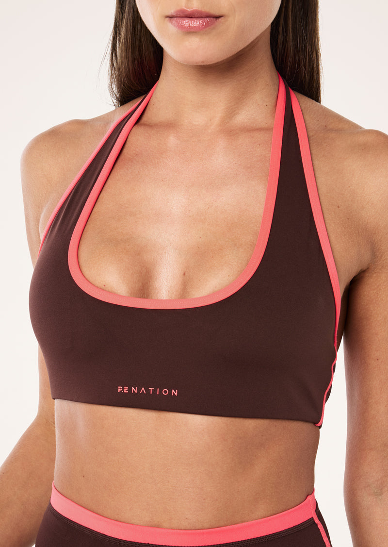 RADAR HALTER SPORTS BRA IN MAHOGANY & DIVA PINK