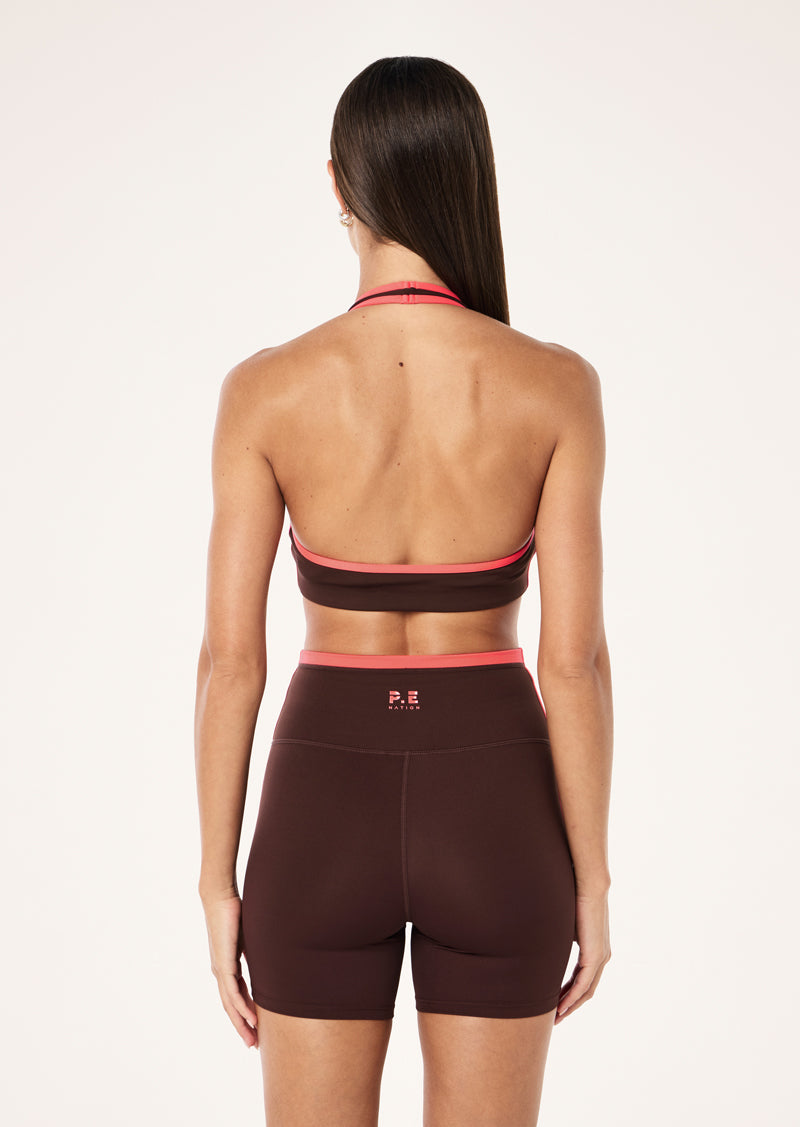 RADAR HALTER SPORTS BRA IN MAHOGANY & DIVA PINK