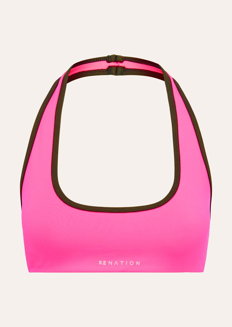 RADAR HALTER SPORTS BRA IN KNOCKOUT PINK BY P.E NATION WOMENS ATHLEISURE SPORTS BRA