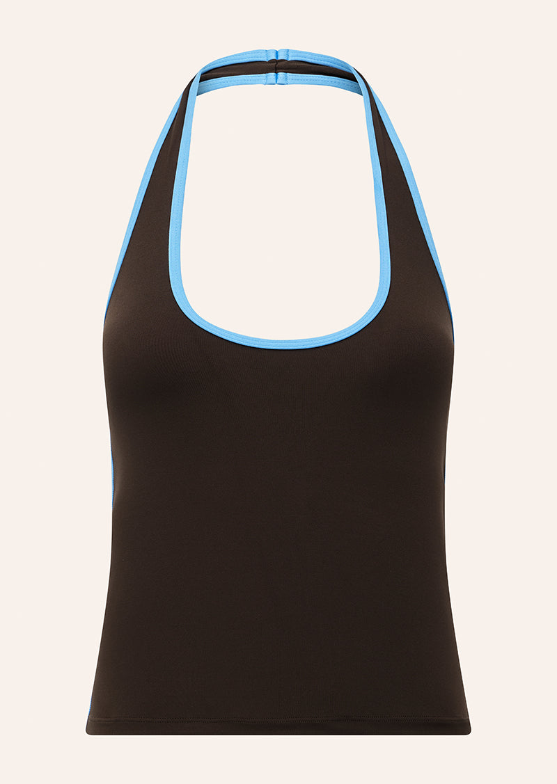 RADAR HALTER TANK IN COFFEE & MARINA BLUE BY P.E NATION, WOMEN'S ATHLEISURE TANK TOPS