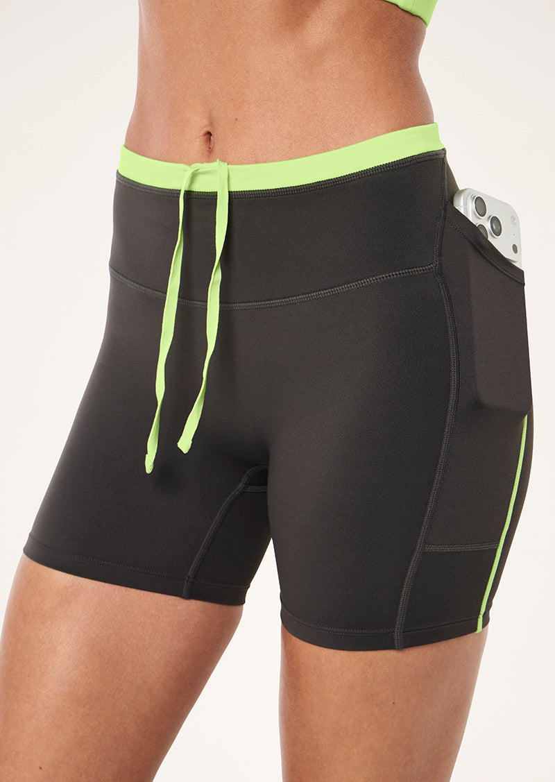 RAPID 5" BIKE SHORT IN CAVIAR & WASHED LIME BY P.E NATION, WOMEN'S ATHLEISURE BIKE SHORTS