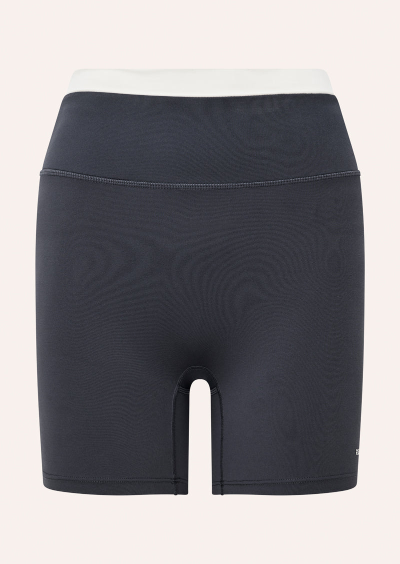 REFLECT 5 INCH BIKE SHORT IN MARINE BLUE & WHISPER WHITE BY P.E NATION, WOMEN'S PILATES BIKE SHORT