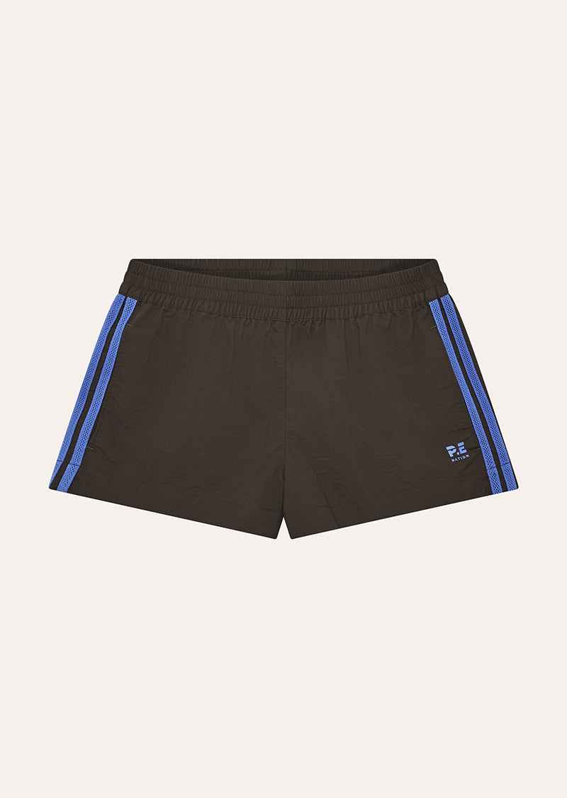 RELAY SPRAY SHORT IN COFFEE BY P.E NATION WOMENS ATHLEISURE RUNNING SHORT