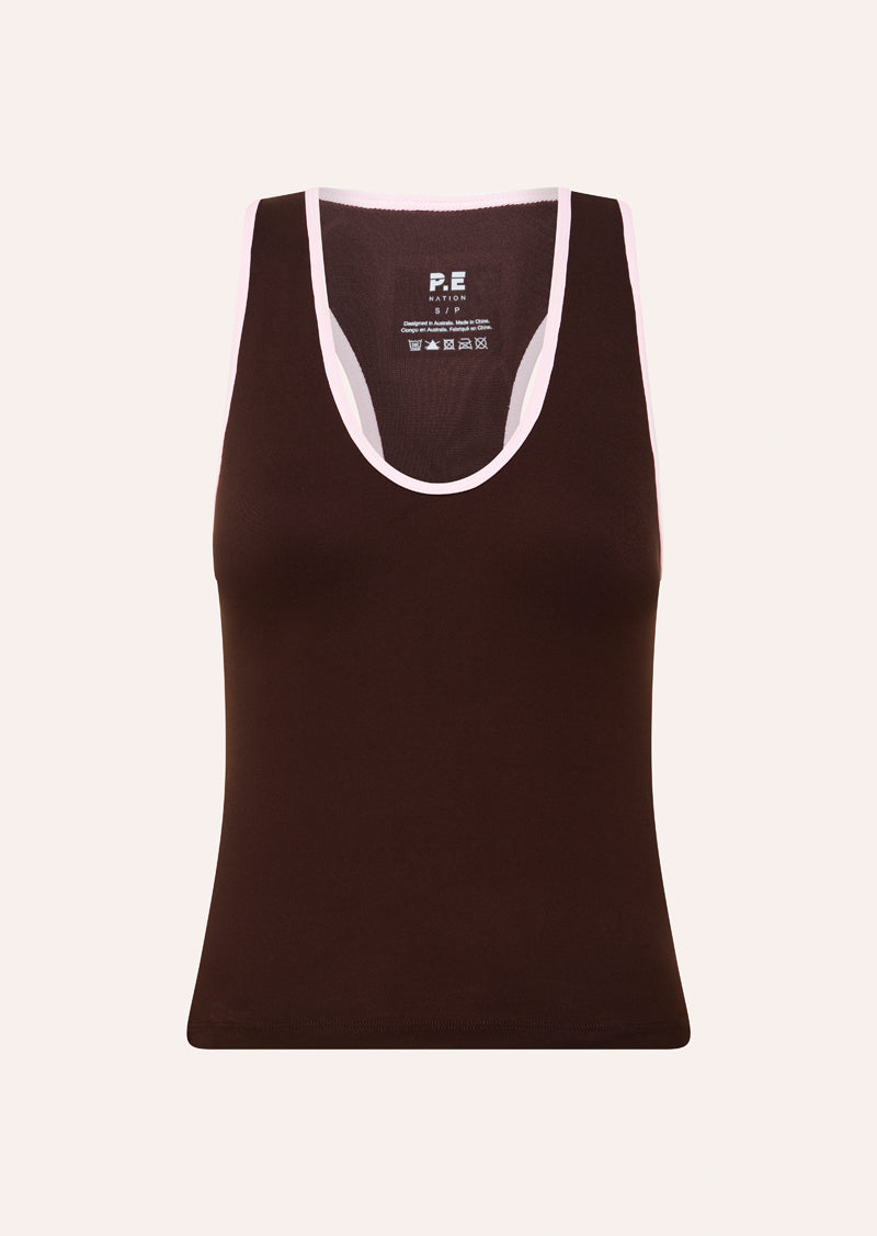RENEWAL TANK IN ESPRESSO BY P.E NATION, WOMENS ACTIVE TANK BROWN