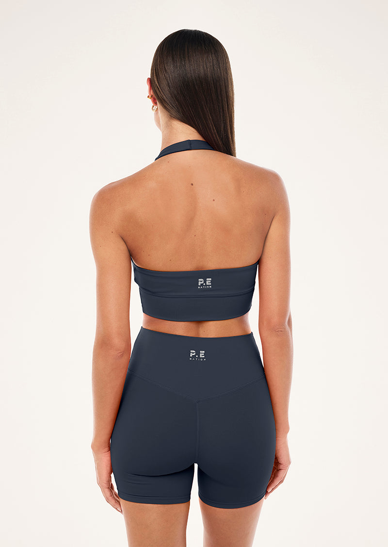 RESET HALTER SPORTS BRA IN MARINE BLUE BY P.E NATION, WOMEN'S ATHLEISURE SPORTS BRA