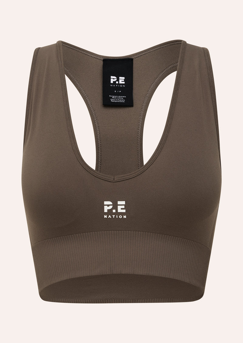 RESTORE SEAMLESS V NECK SPORTS BRA IN WALNUT BY P.E NATION, WOMENS ACTIVE SPORTS BRA SEAMLESS BROWN