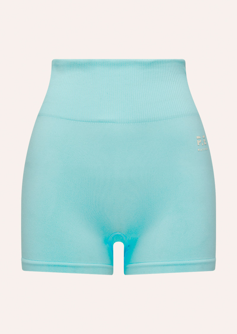 RESTORE SEAMLESS 2.5 INCH BIKE SHORT IN AQUA AND WHISPER WHITE BY P.E NATION, WOMEN'S ATHLEISURE BIKE SHOTS