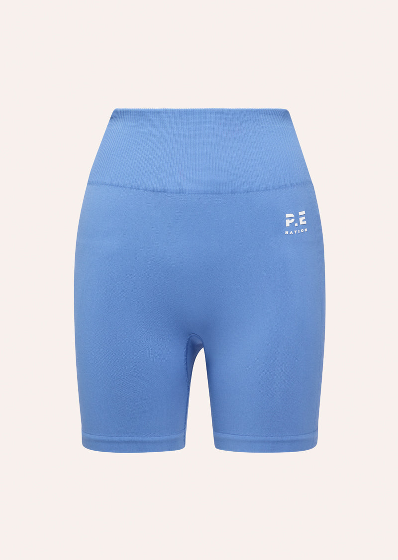 RESTORE SEAMLESS 5" BIKE SHORT IN SUMMER SKY BY P.E NATION WOMENS SEAMLESS BLUE ACTIVE BIKE SHORT