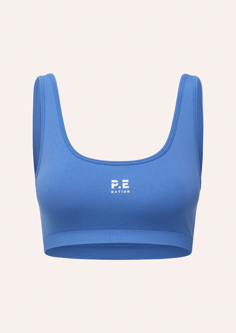 RESTORE SEAMLESS SCOOP BRA IN SUMMER SKY BY P.E NATION WOMENS SEAMLESS BLUE ACTIVE SPORTS BRA