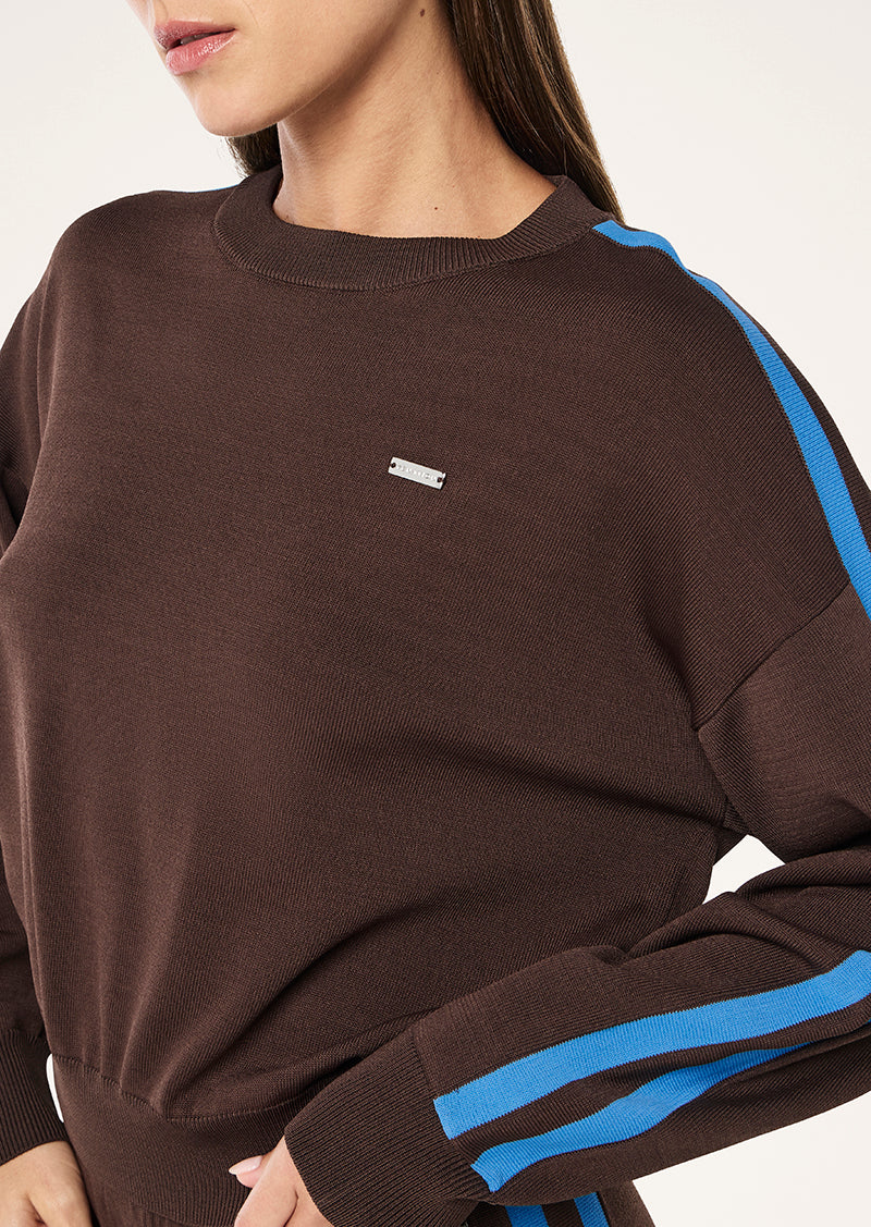 RETREAT KNIT JUMPER IN COFFEE & MARINE BLUE BY P.E NATION, WOMEN'S KNIT JUMPER