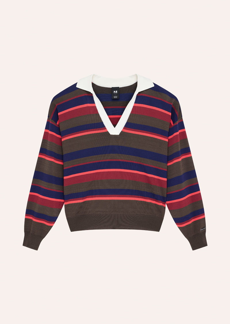 RETREAT STRIPE COLLAR KNIT IN STARWBERRY STRIPE BY P.E NATION, WOMEN'S ATHLEISURE KNIT TOPS