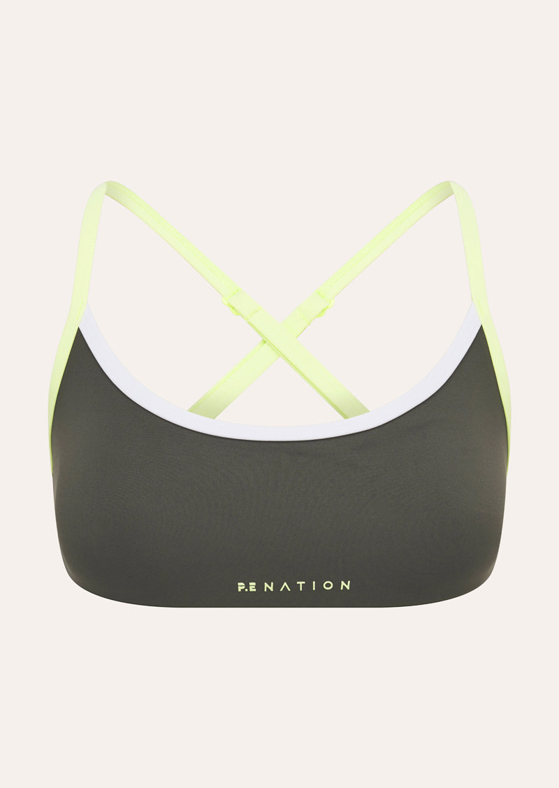 REVEAL SPORTS BRA IN GUNMETAL BY P.E NATION WOMENS ATHLEISURE SPORTS BRA