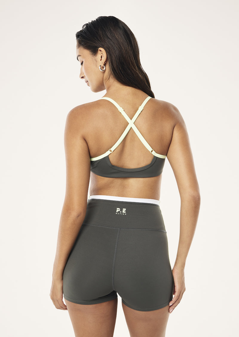 REVEAL SPORTS BRA IN GUNMETAL BY P.E NATION WOMENS ATHLEISURE SPORTS BRA