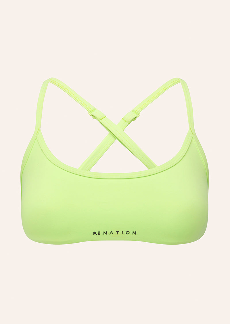 REVEAL SPORTS BRA IN WASHED LIME BY P.E NATION, WOMEN'S ATHLEISURE SPORTS BRA