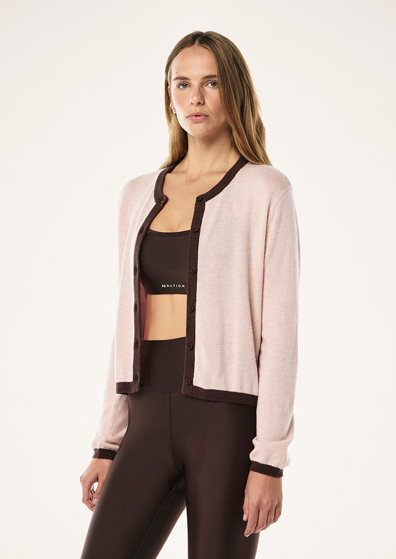 RISE KNIT CARDI IN CHALK PINK BY P.E NATION, WOMENS ATHLEISURE LOUNGEWEAR KNIT CARDIGAN PINK