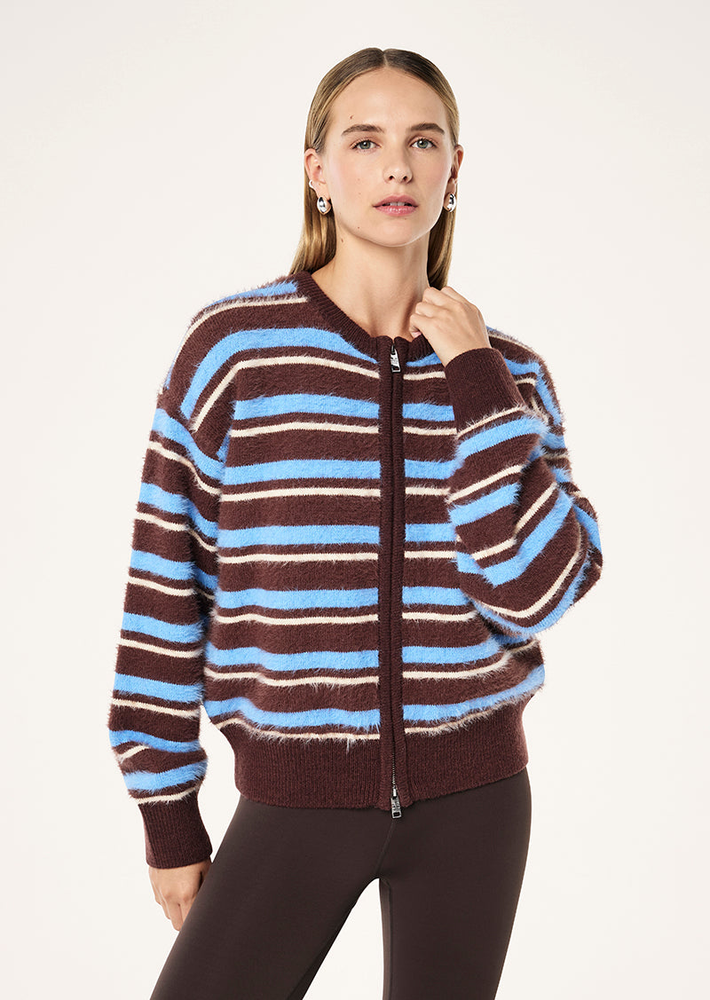 SABLE STRIPE KNIT BOMBER IN COFFEE STRIPE