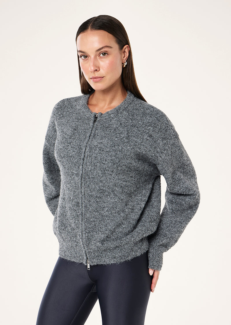 SABLE KNIT BOMBER IN GREY MARLE BY P.E NATION, WOMEN'S ATHLEISURE KNITTED CARDGIANS