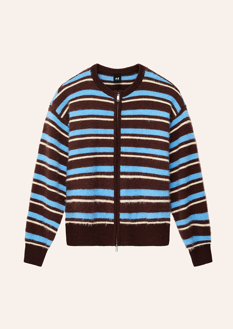 SABLE STRIPE KNIT BOMBER IN COFFEE STRIPE BY P.E NATION, WOMEN'S ATHLEISURE KNIT CARDIGANS