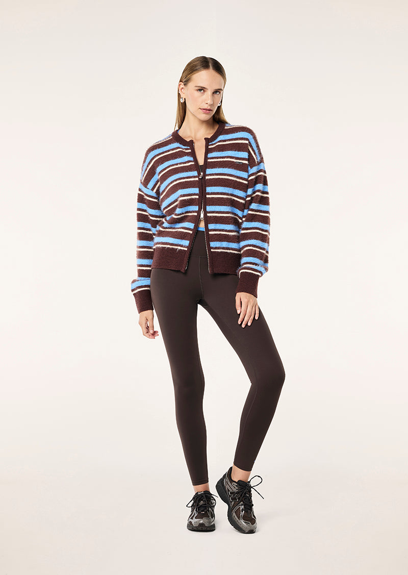 SABLE STRIPE KNIT BOMBER IN COFFEE STRIPE BY P.E NATION, WOMEN'S ATHLEISURE KNIT CARDIGANS