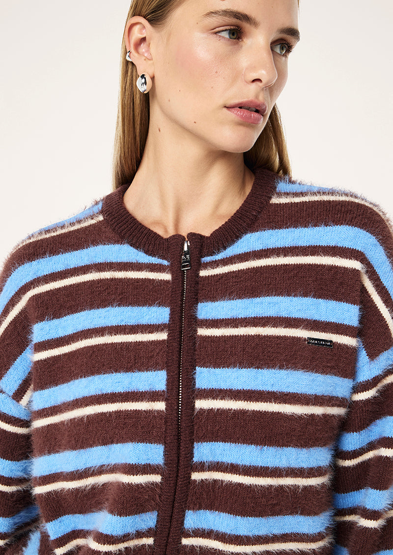 SABLE STRIPE KNIT BOMBER IN COFFEE STRIPE BY P.E NATION, WOMEN'S ATHLEISURE KNIT CARDIGANS