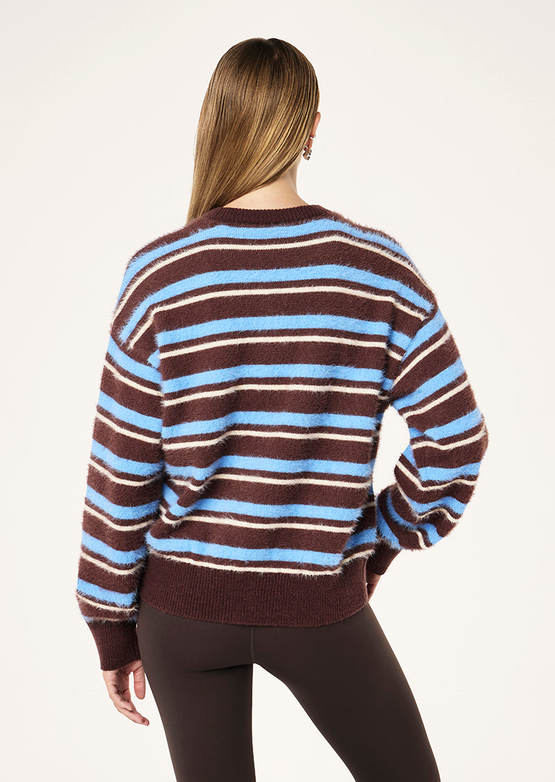 SABLE STRIPE KNIT BOMBER IN COFFEE STRIPE BY P.E NATION, WOMEN'S ATHLEISURE KNIT CARDIGANS