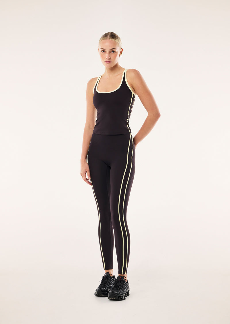 SOLIS SCOOP TANK IN BLACK BEAN AND SOFT YELLOW BY P.E NATION, WOMEN'S ATHLEISURE GYM TNAKS