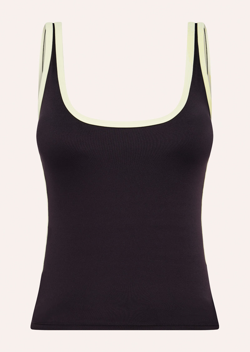 SOLIS SCOOP TANK IN BLACK BEAN AND SOFT YELLOW BY P.E NATION, WOMEN'S ATHLEISURE GYM TNAKS