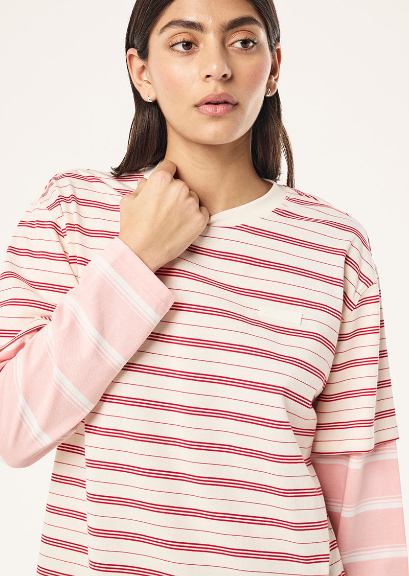 SPARK LONG SLEEVE TEE IN SOFT PNK STRIPE BY P.E NATION, WOMEN'S ATHLEISURE LONG SLEEVE TEE